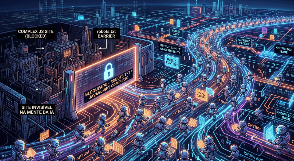 Ilustração mostrando rastreadores de IA navegando por fluxos de dados públicos e ignorando um complexo site bloqueado.